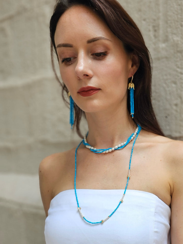 Freshwater Pearls With Blue Turquoise Twisted Necklace NN046