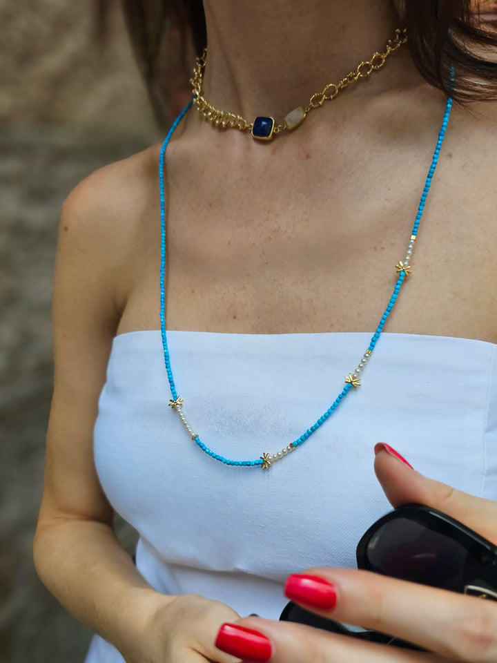 Natural Blue Turquoise Minimalist Long Necklace NN043