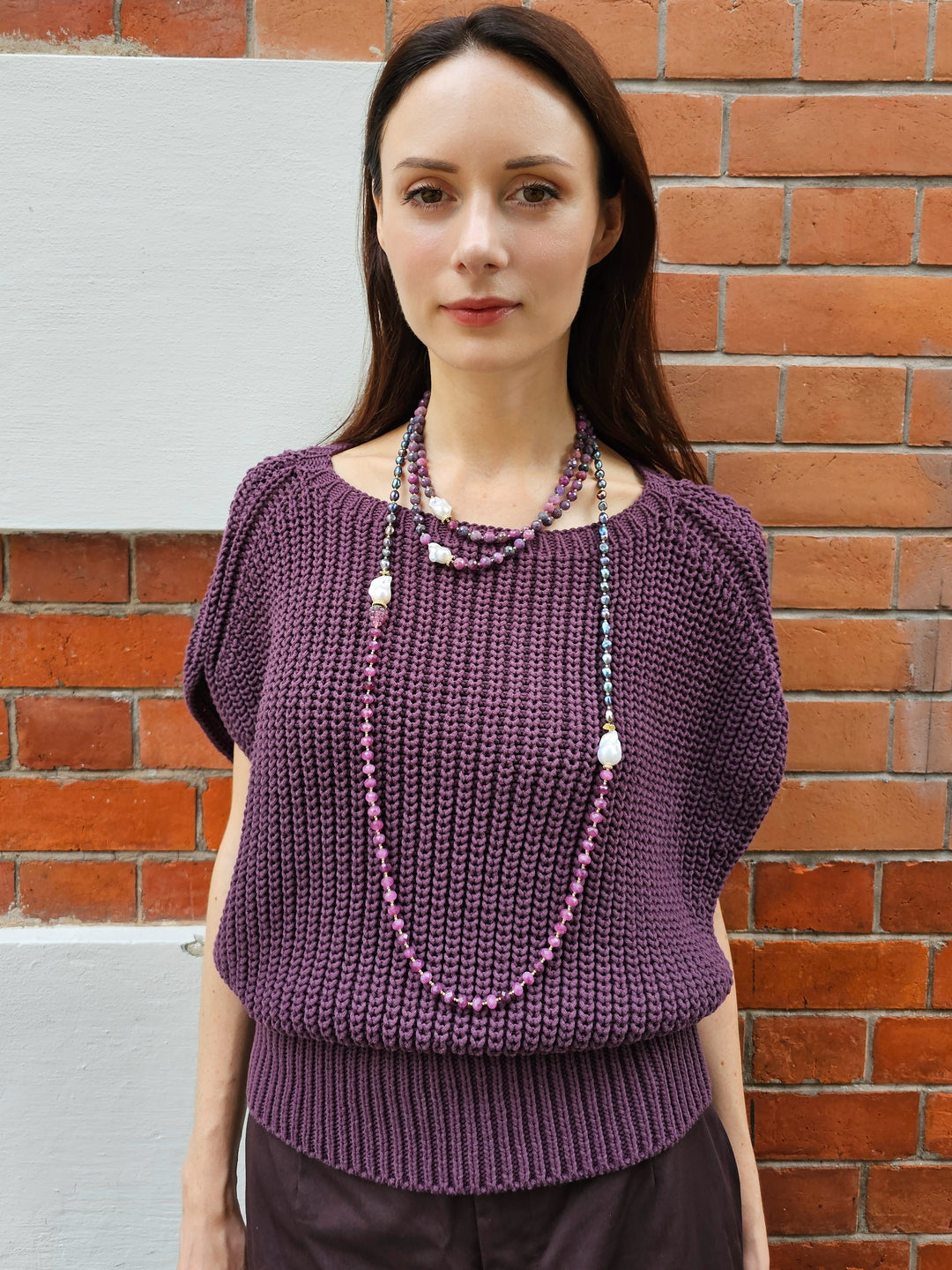 Purple Ruby and Baroque Pearls Double Layers Necklace NN018