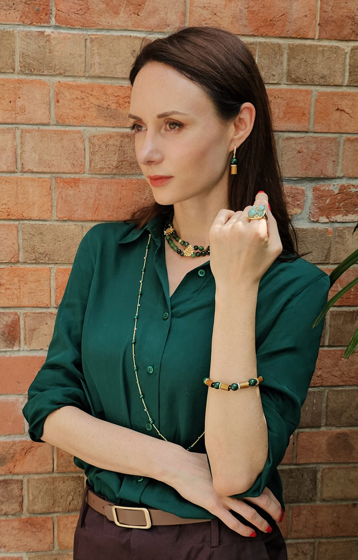 Golden Coral With Malachite Dangle Earrings NE033