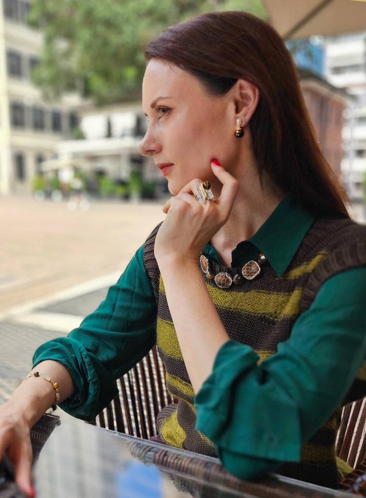 Brown Tiger Eye With Pearl Clip-on Earrings NE023