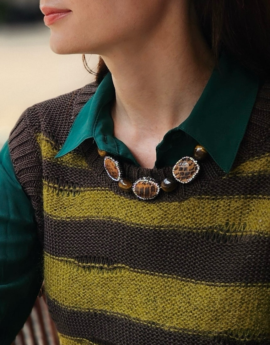 Tiger Eye With Brown Leather Rhinestone Statement Necklace NN028