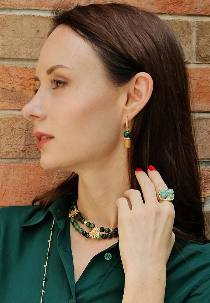 Golden Coral With Malachite Dangle Earrings NE033