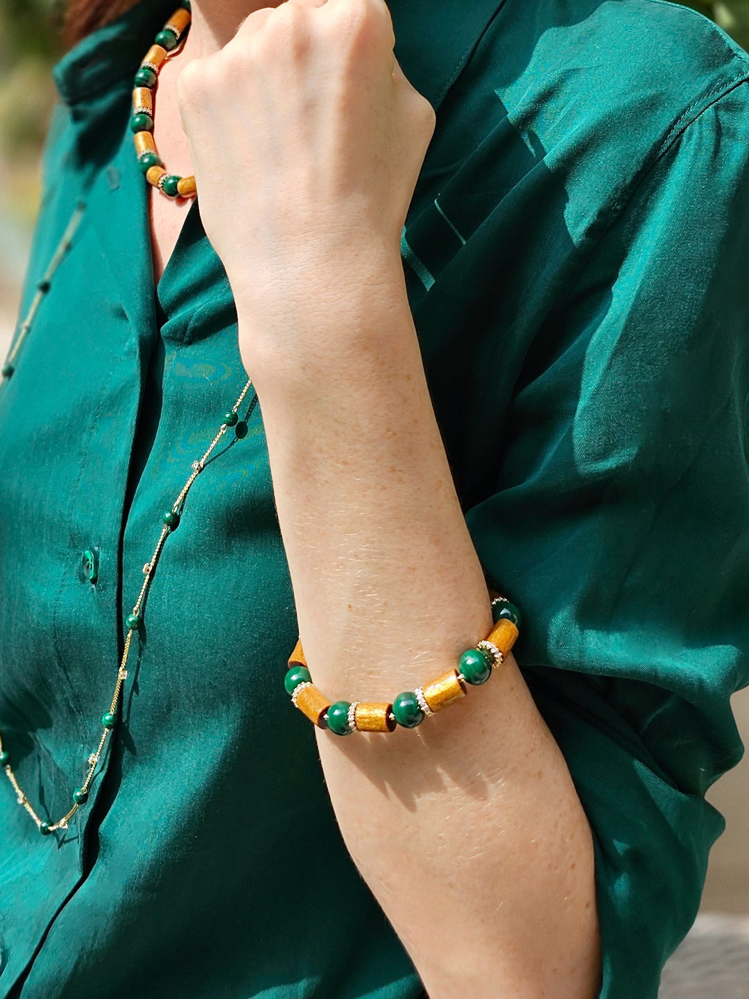 Golden Coral With Green Malachite Adjustable Bracelet NB013