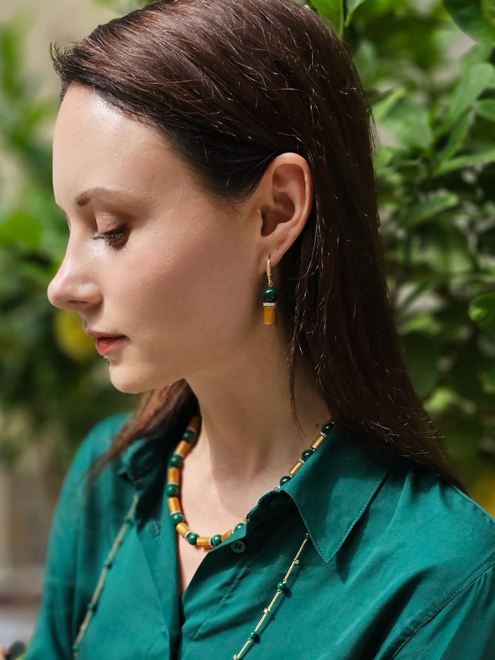 Golden Coral With Malachite Dangle Earrings NE033