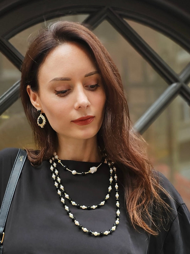 Black Obsidian and White Pearls Double Layers Bracelet / Choker NB001