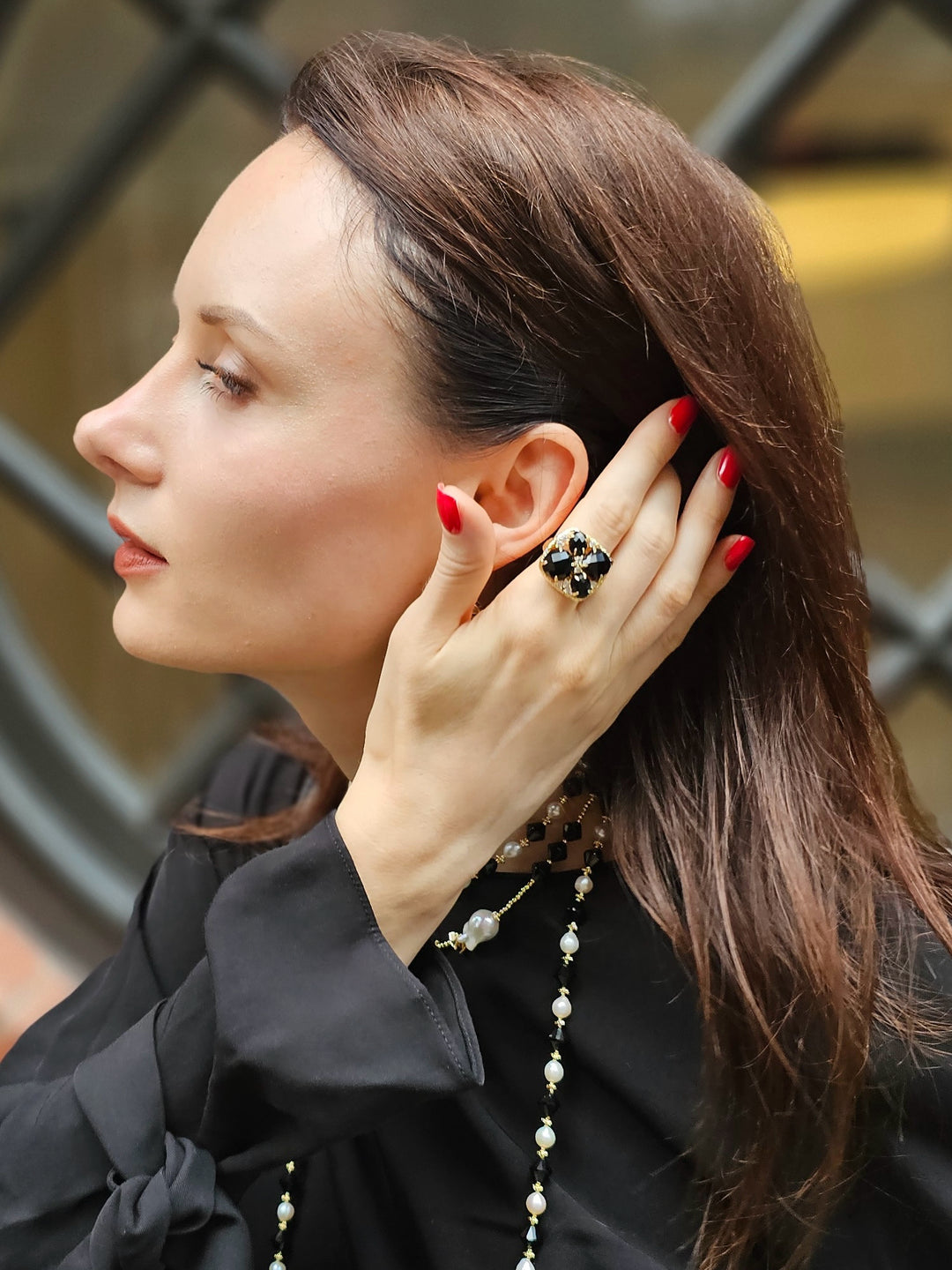 Black Agate With Zircon Statement Ring NR002