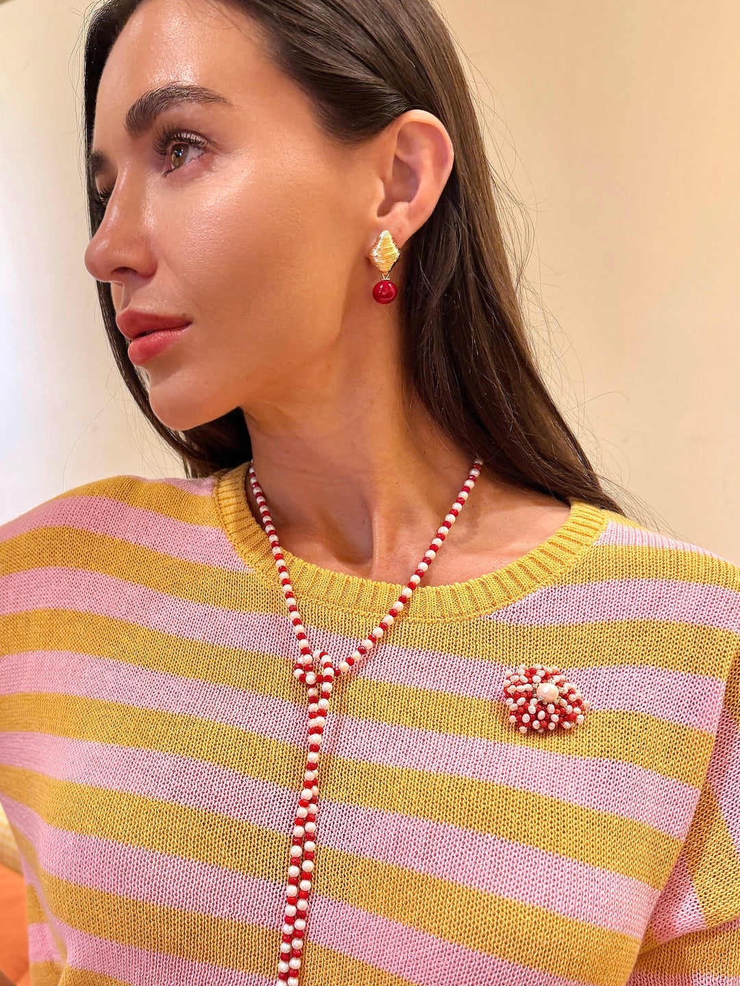 Red Bamboo Coral Dangle Gold Stud Earrings SE001