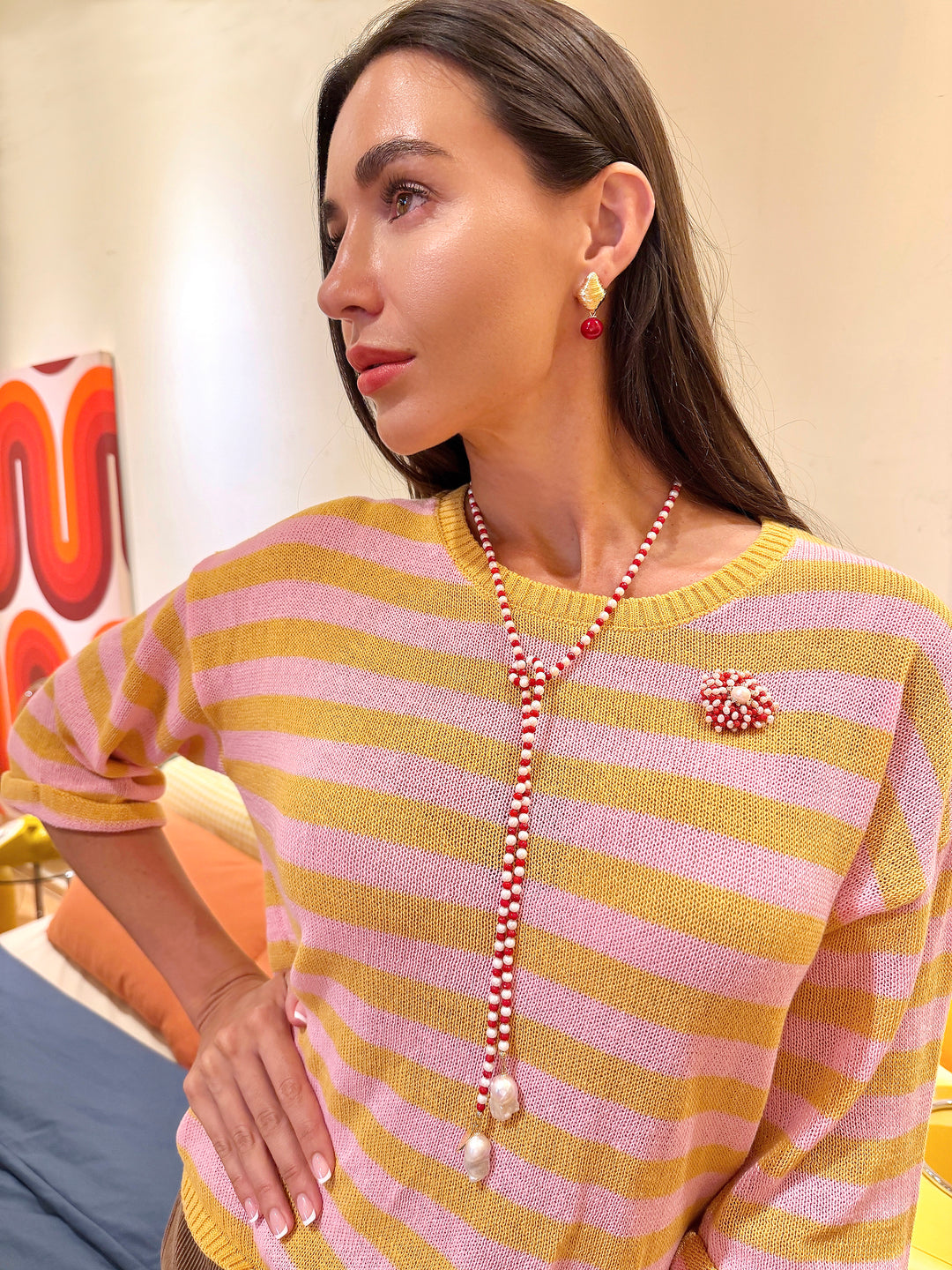 Freshwater Pearl & Red Bamboo Coral Convertible Lariat Necklace with Baroque Pearl Drops SN001