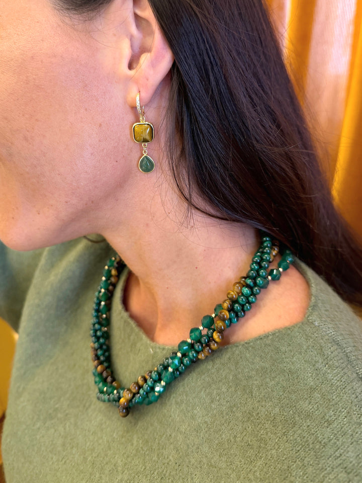 Green Gemstone With Brown Tiger-eye Stone Multi-Layers Necklace SN025