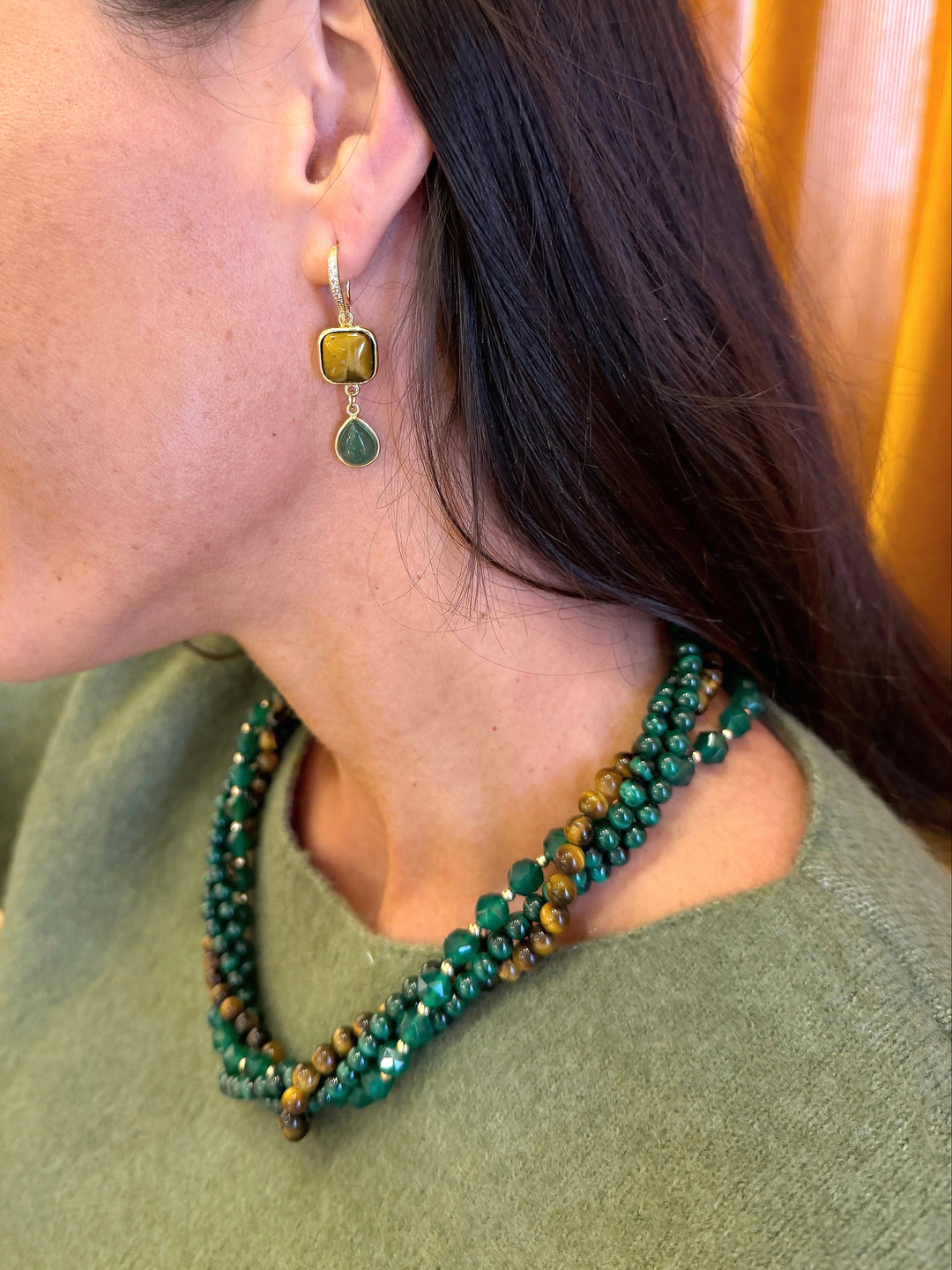 Brown Tiger-eye Stone And Teardrop Aventurine Dangle Earrings SE015
