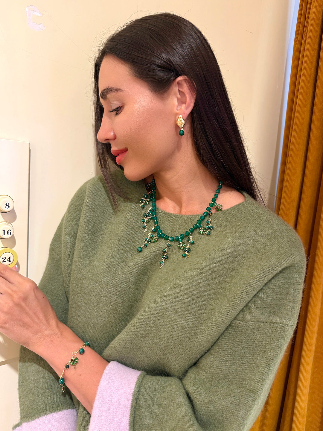 Malachite Dangle Gold Stud Earrings SE018