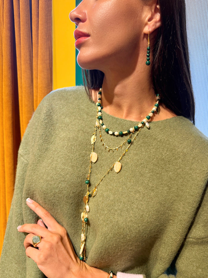 Natural-Inspired Pearl With Shell Leaves And Malachite Open Ended Necklace SN029