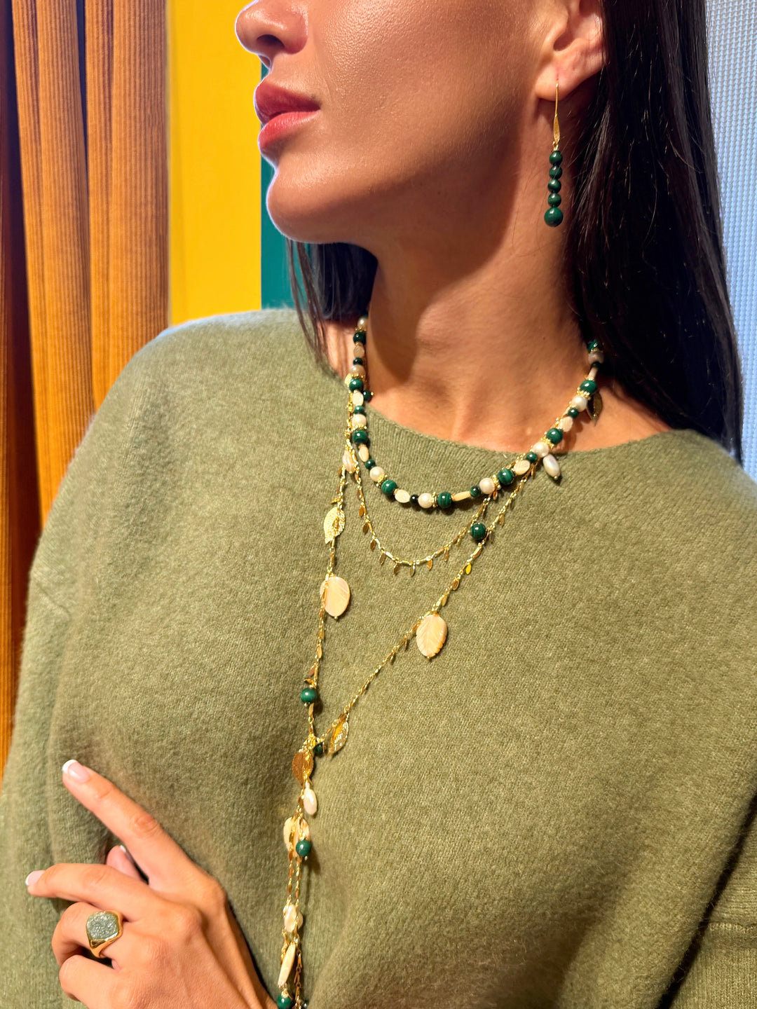 Boho Chic Malachite With Leaves Shell And Pearls Layered Necklace SN028