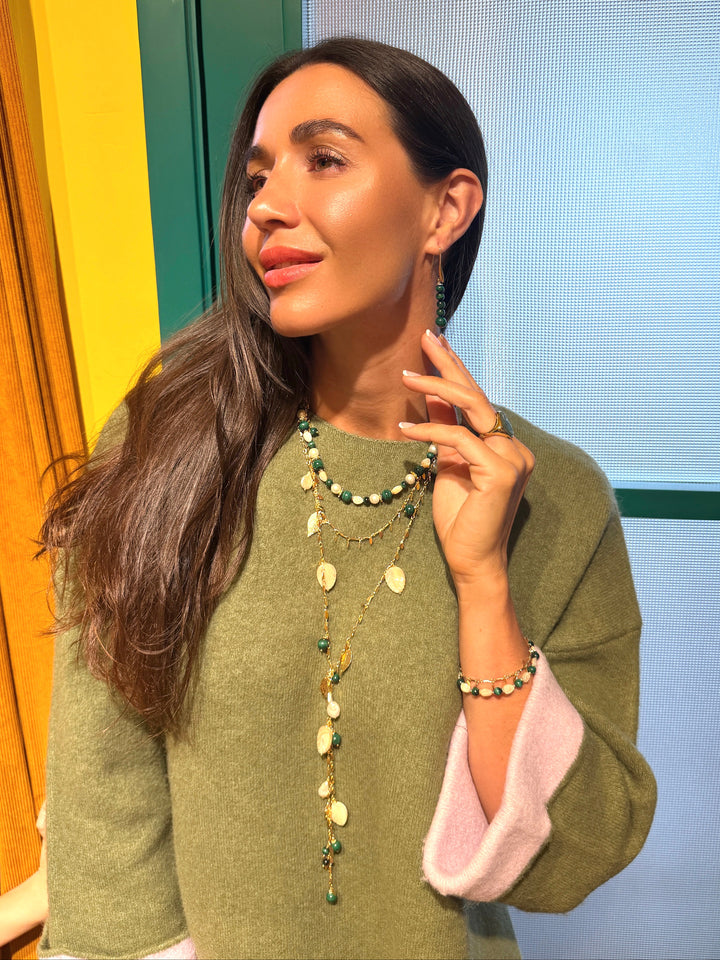 Natural-Inspired Pearl With Shell Leaves And Malachite Open Ended Necklace SN029