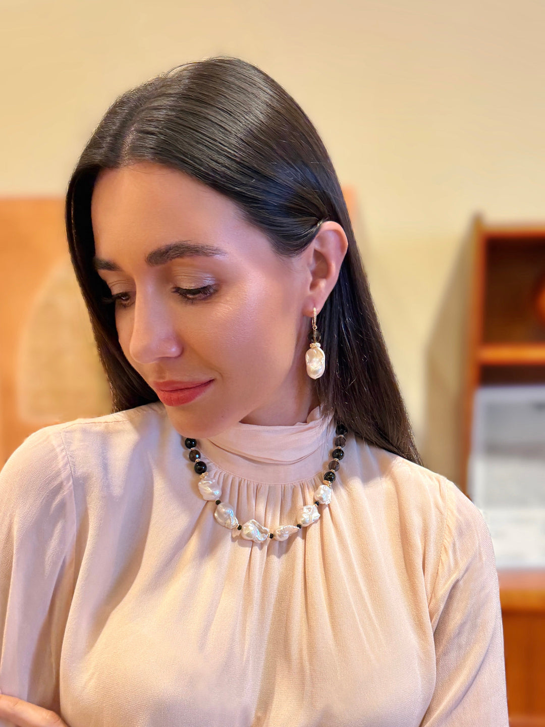 Classic Style Baroque Pearl With Smoky Quartz Dangle Earrings SE026