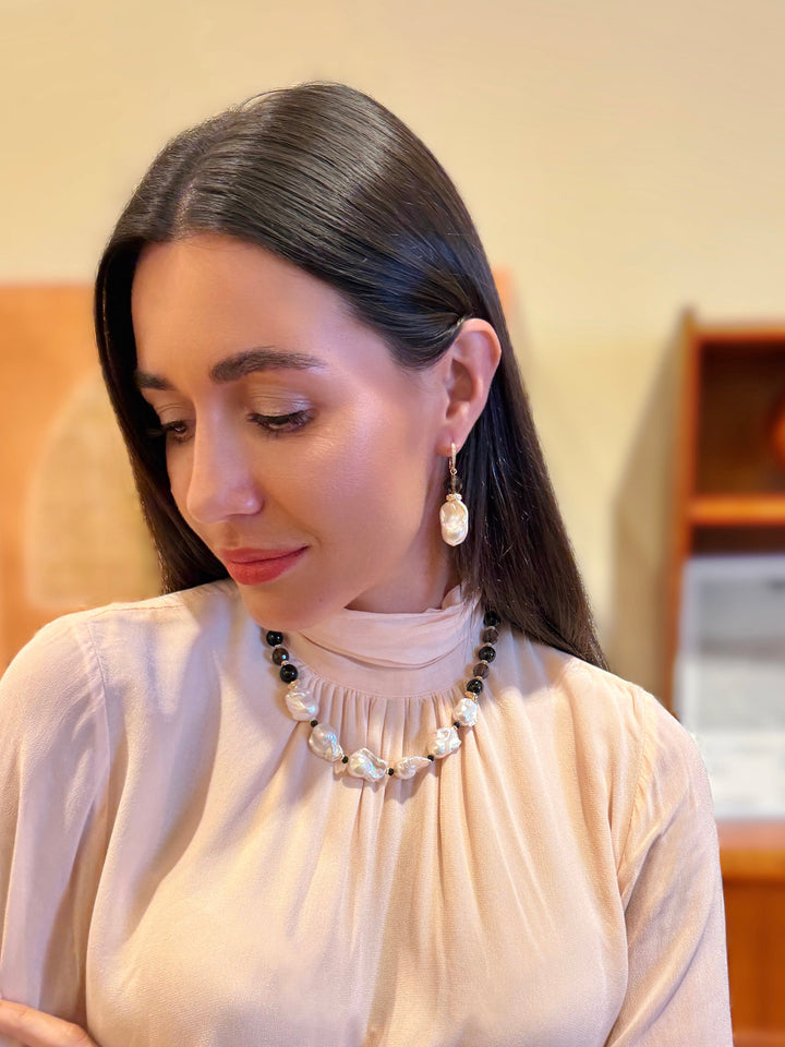 Classic Style Baroque Pearl With Smoky Quartz Dangle Earrings SE026