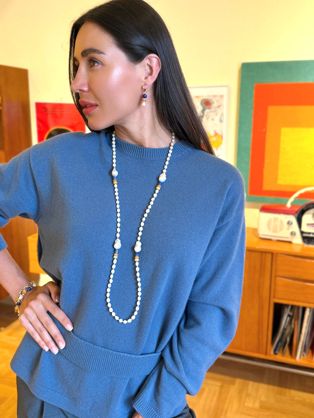 Freshwater Baroque Pearl With Colorful Gemstone Long Necklace SN018