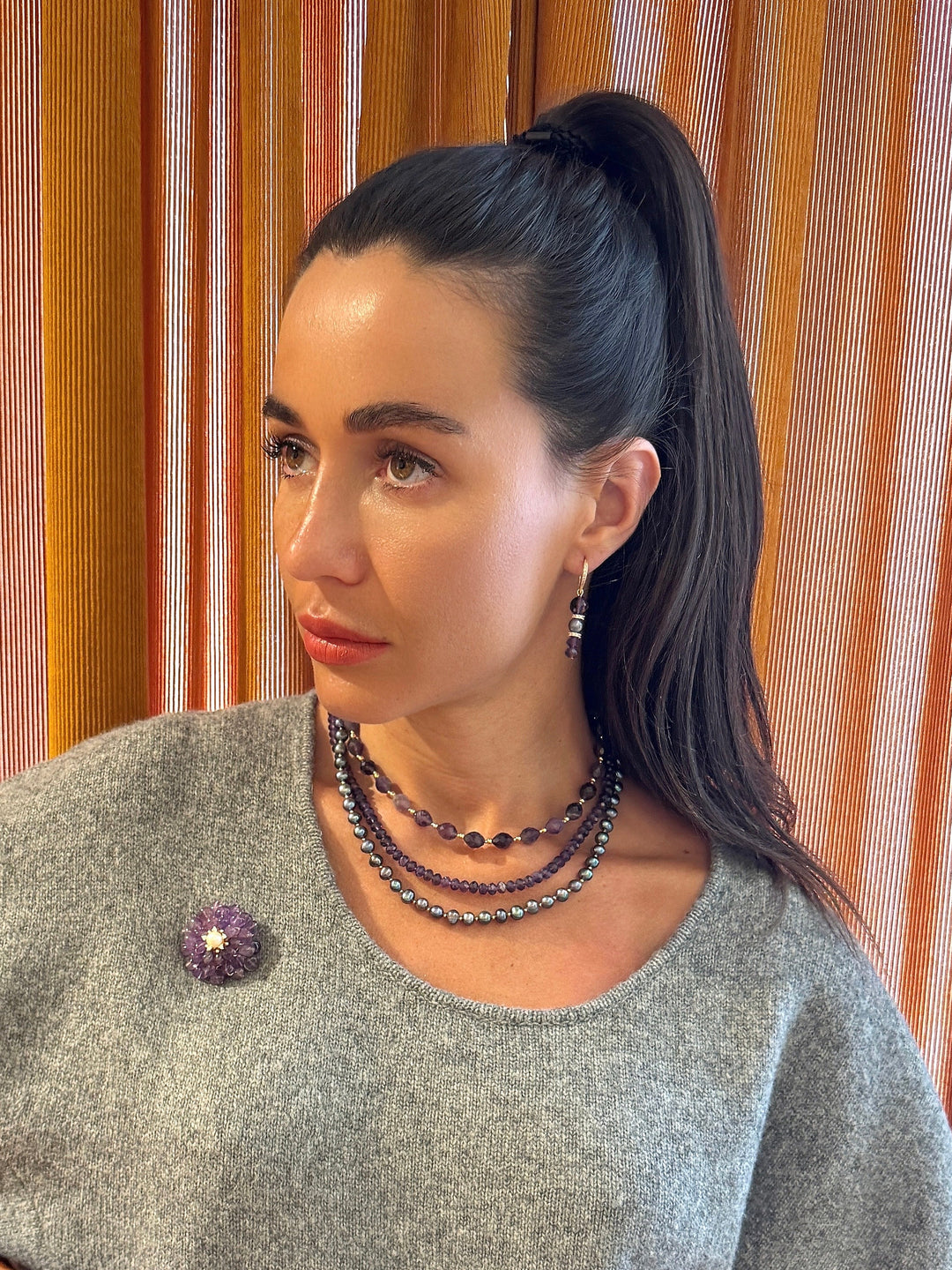 Flower Shaped Amethyst With Freshwater Pearl Brooch SP004