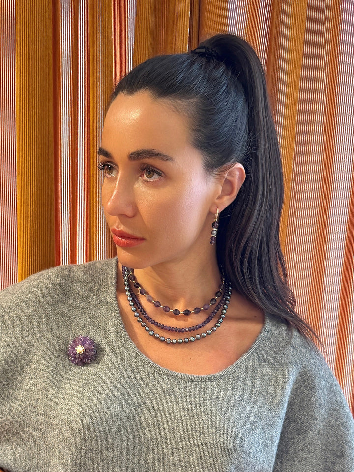Flower Shaped Amethyst With Freshwater Pearl Brooch SP004
