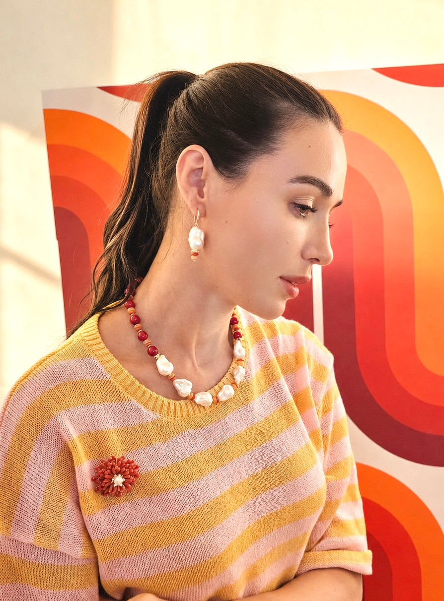 Baroque Pearl With Orange Aventurine And Bamboo Coral Earrings SE002