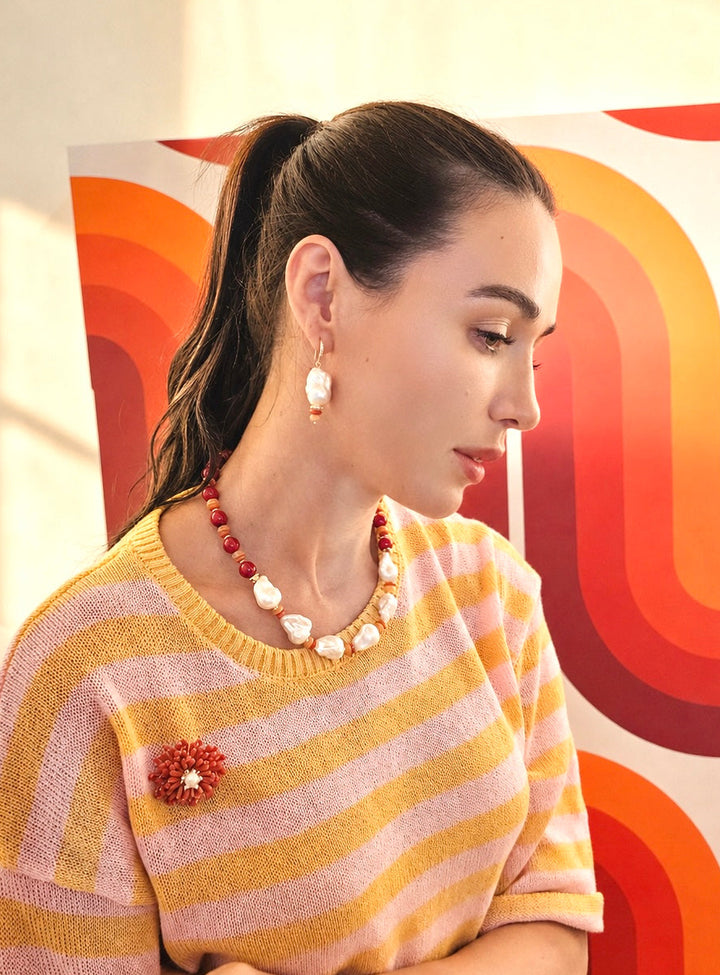Baroque Pearl With Orange Aventurine And Bamboo Coral Earrings SE002