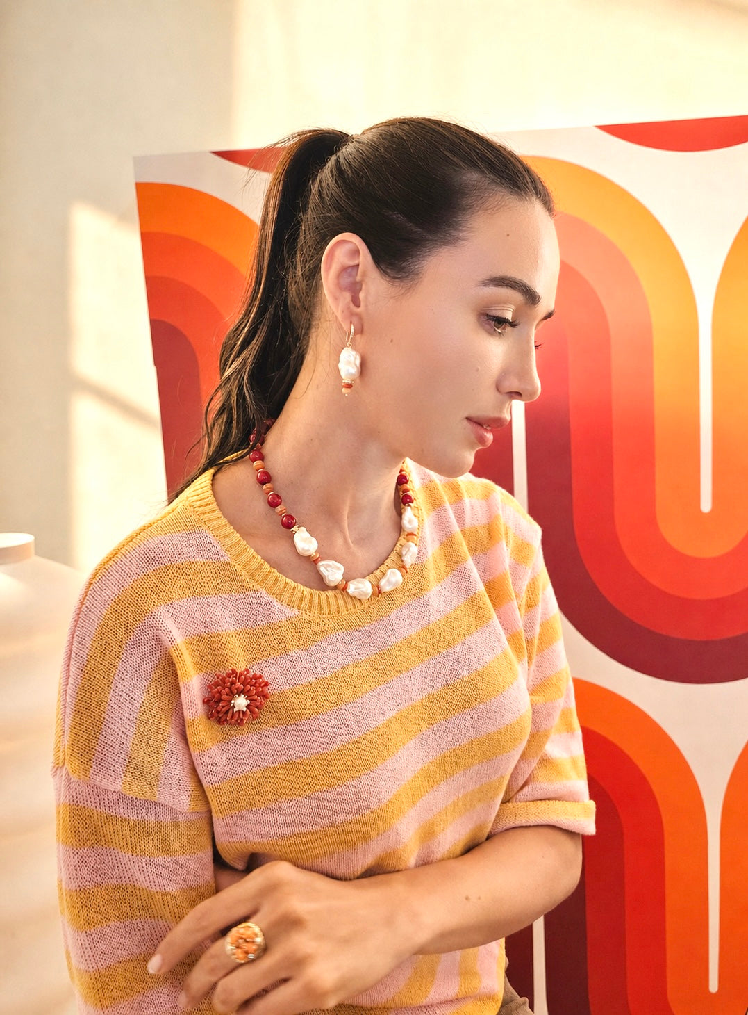 Red Bamboo Coral With Baroque Pearls Statement Necklace SN003