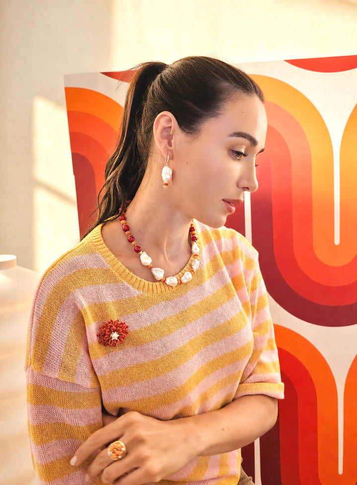 Red Bamboo Coral With Baroque Pearls Statement Necklace SN003
