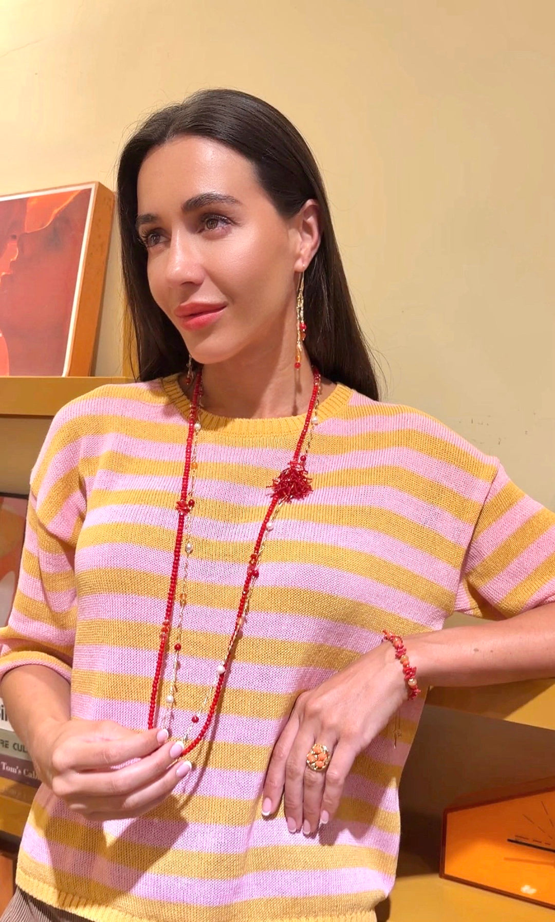 Red Bamboo Coral Long Necklace with Removable Flower Pin SN002