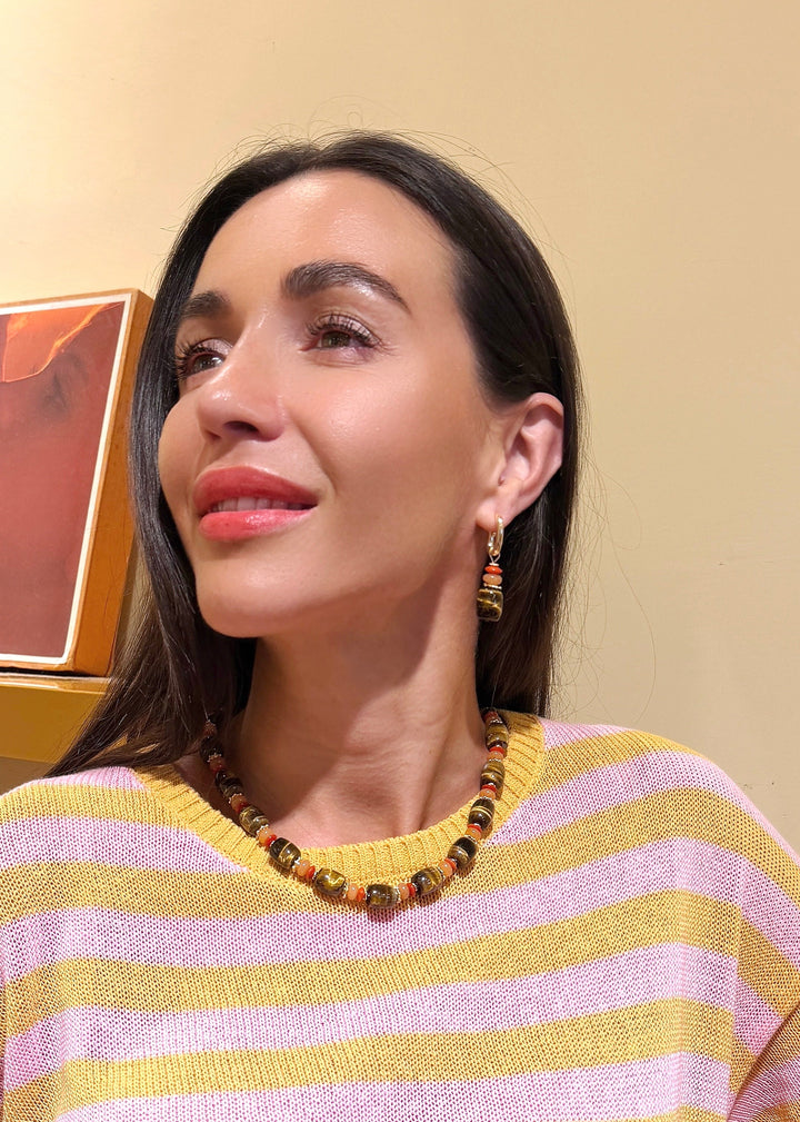 Tiger-eye Stone With Orange Aventurine Red Coral Hoop Earrings SE003