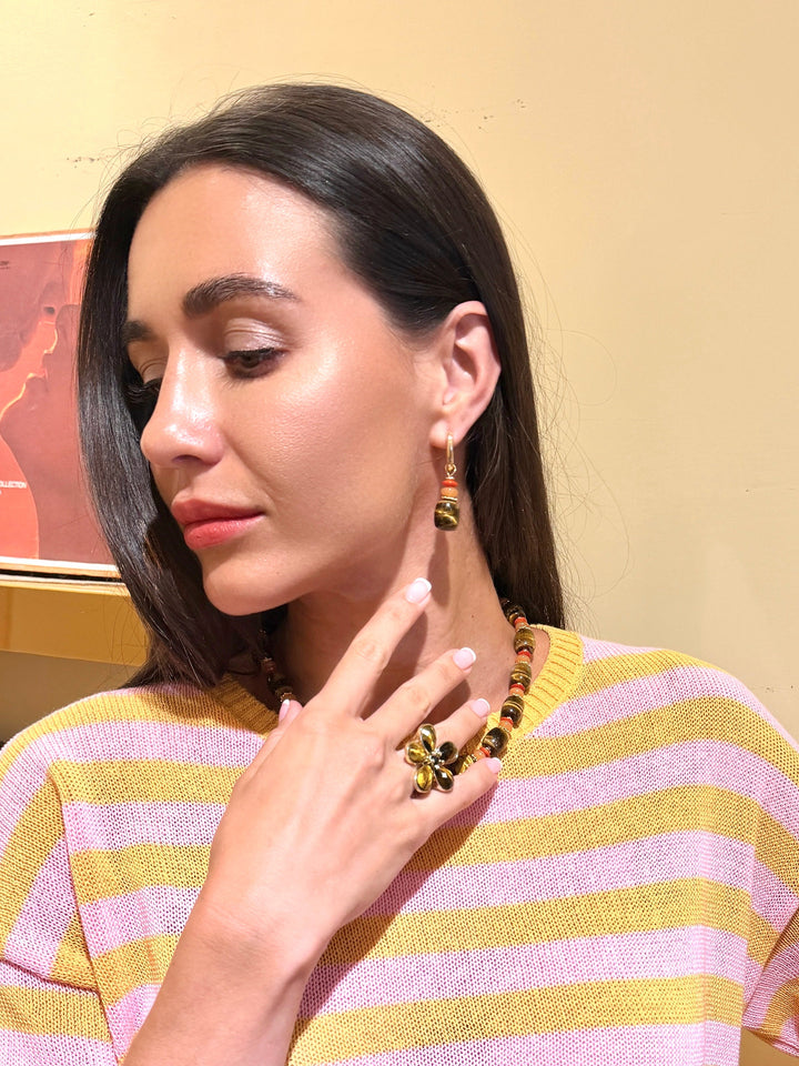 Tiger-eye Stone With Orange Aventurine Red Coral Hoop Earrings SE003