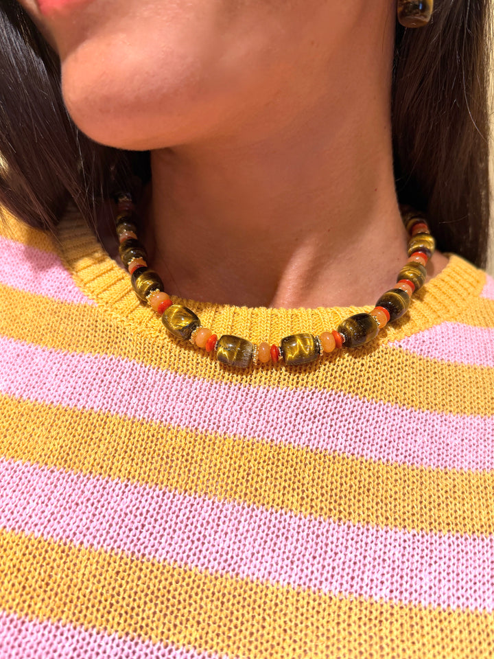 Nugget Tiger-eye Stone With Orange Gemstone Necklace SN007