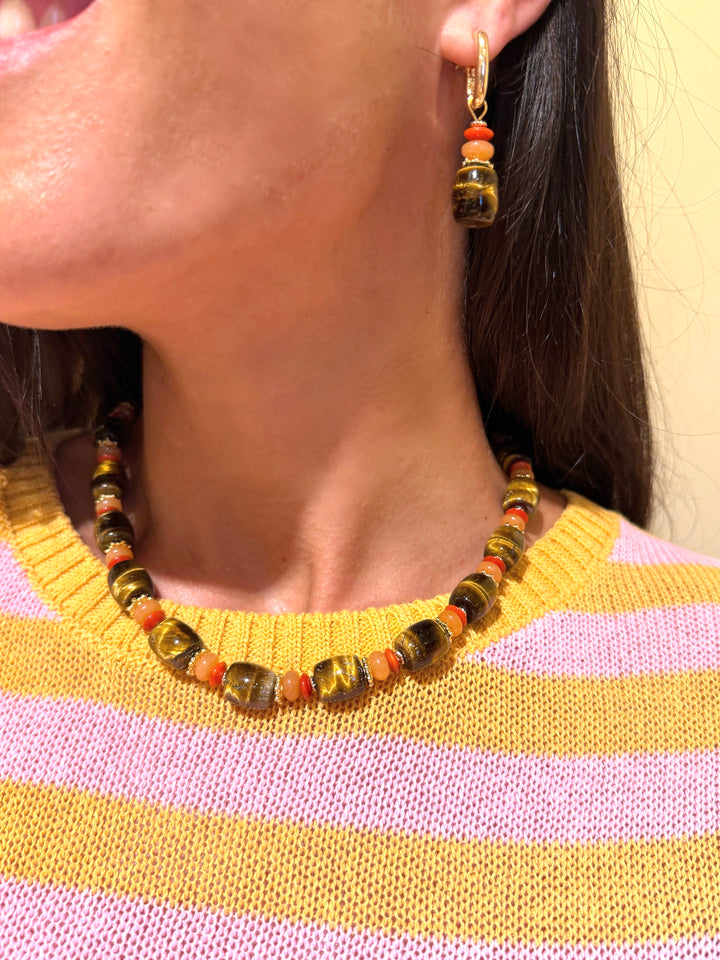Tiger-eye Stone With Orange Aventurine Red Coral Hoop Earrings SE003