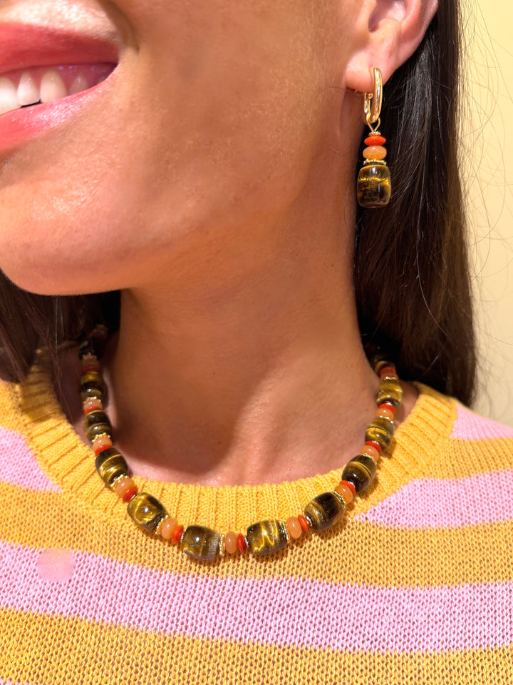Tiger-eye Stone With Orange Aventurine Red Coral Hoop Earrings SE003