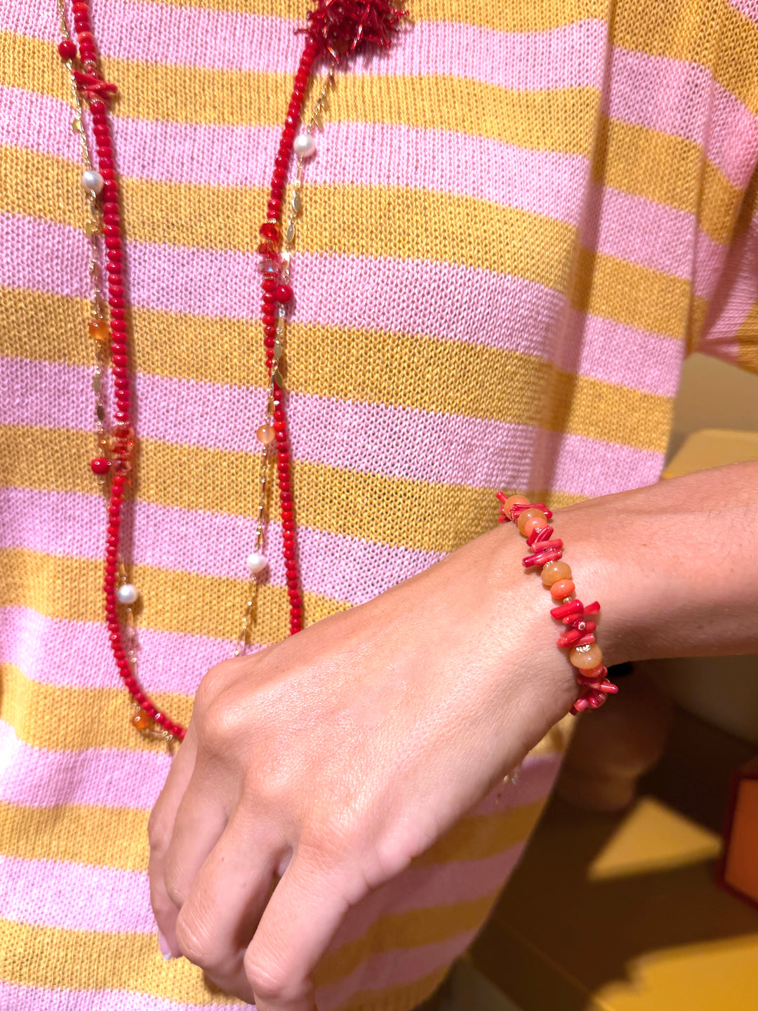 Red Bamboo Coral Orange Agate & Pearl Long Necklace SN006