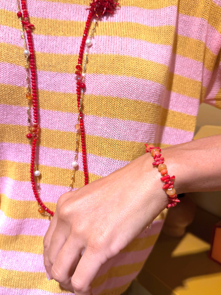 Red Bamboo Coral Orange Agate & Pearl Long Necklace SN006