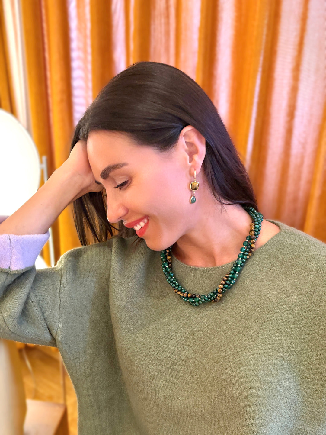 Green Gemstone With Brown Tiger-eye Stone Multi-Layers Necklace SN025