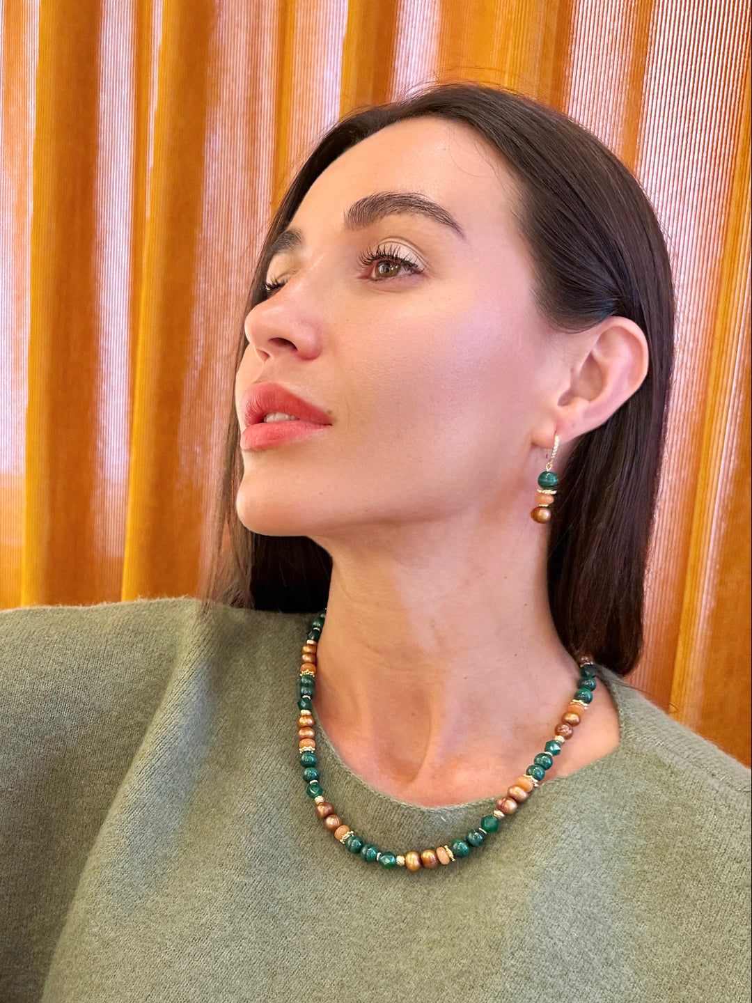 Vintage Style Malachite With Brown Freshwater Pearl And Gems Necklace SN023