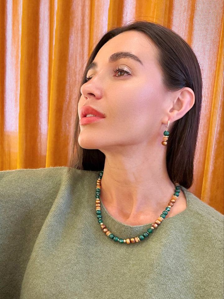 Malachite With Brown Freshwater Pearl And Gems Earrings SE017