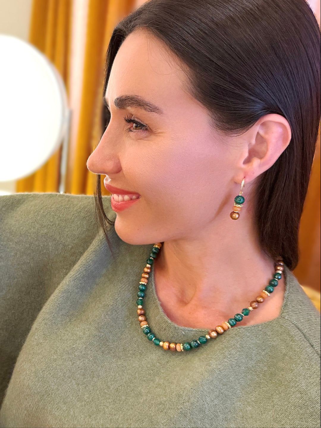 Malachite With Brown Freshwater Pearl And Gems Earrings SE017
