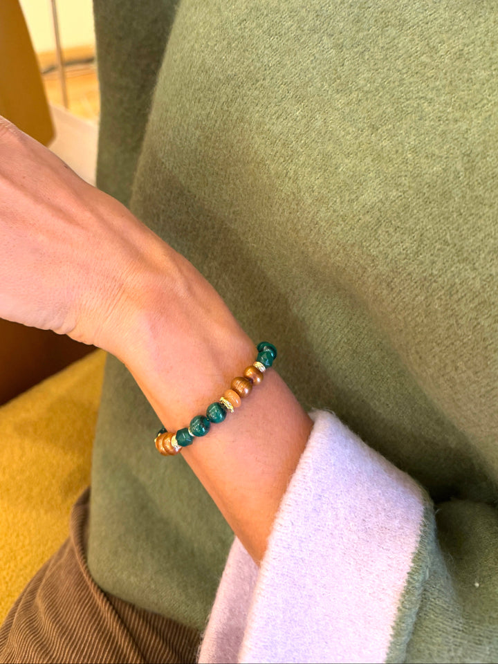Vintage Style Malachite With Brown Freshwater Pearl And Gemstone Bracelet SB011