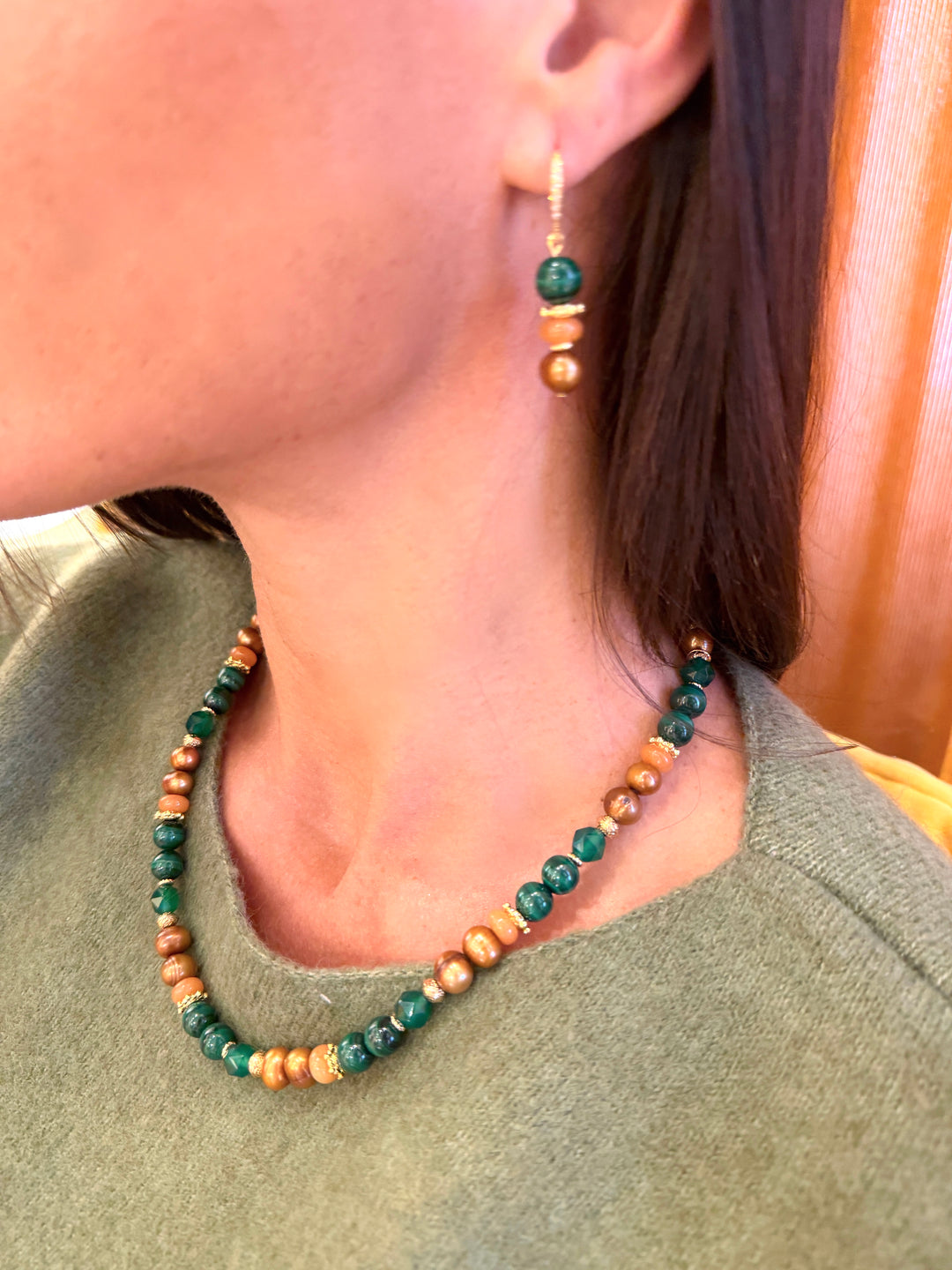 Malachite With Brown Freshwater Pearl And Gems Earrings SE017