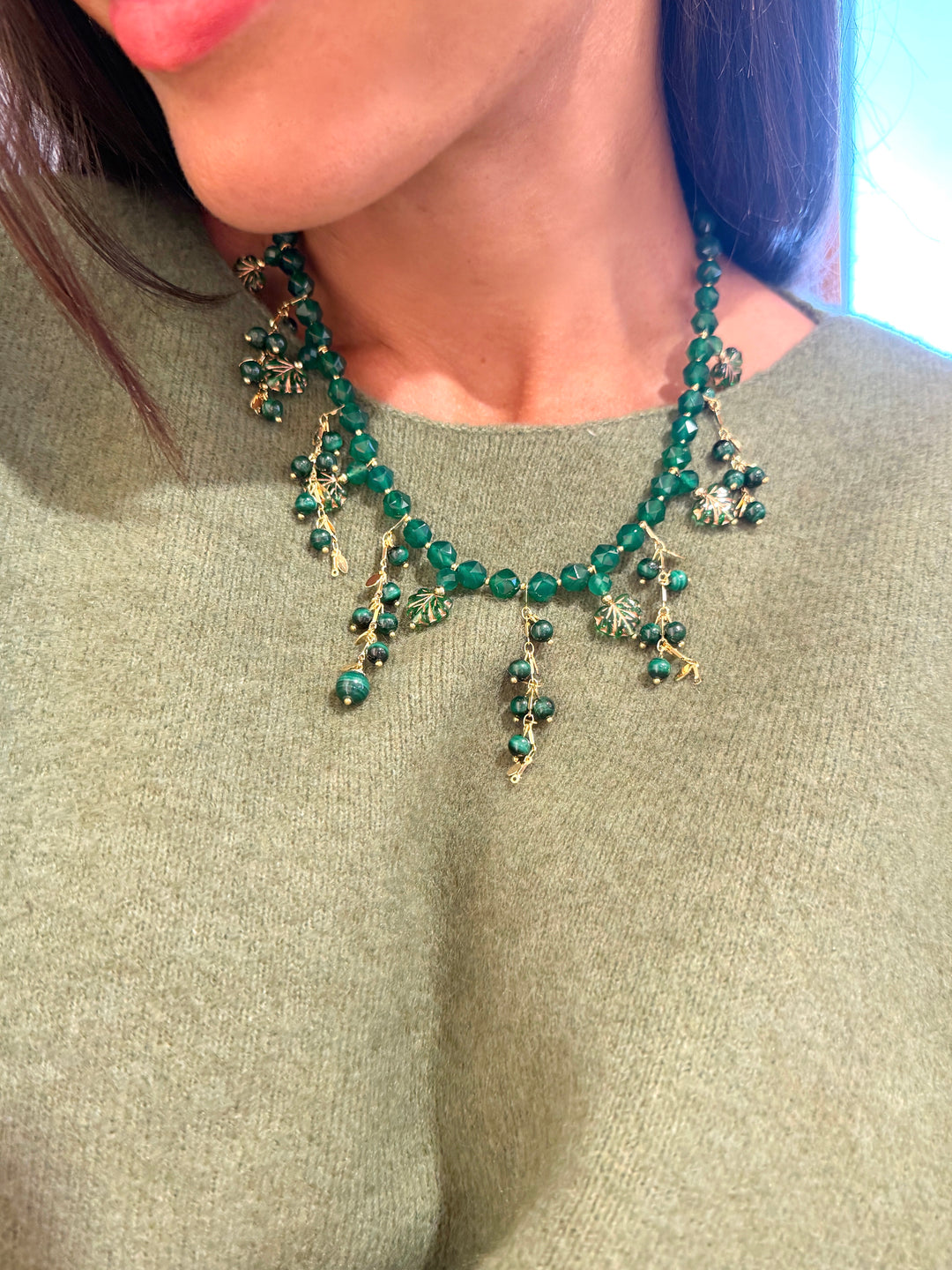 Natural Inspired Green Gemstone With Leaves Charm Tassel Necklace SN026