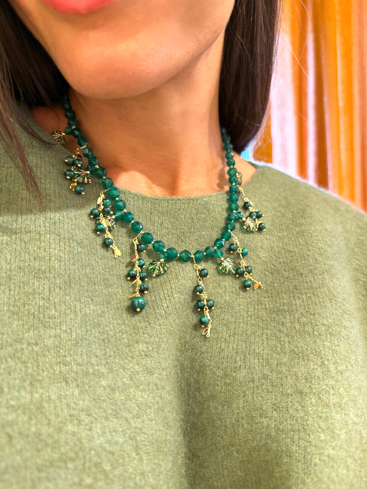 Natural Inspired Green Gemstone With Leaves Charm Tassel Necklace SN026