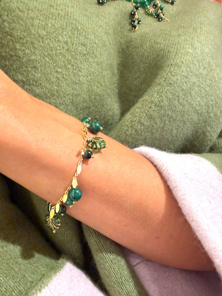 Natural-Inspired Malachite With Leaves Charm Bracelet SB014