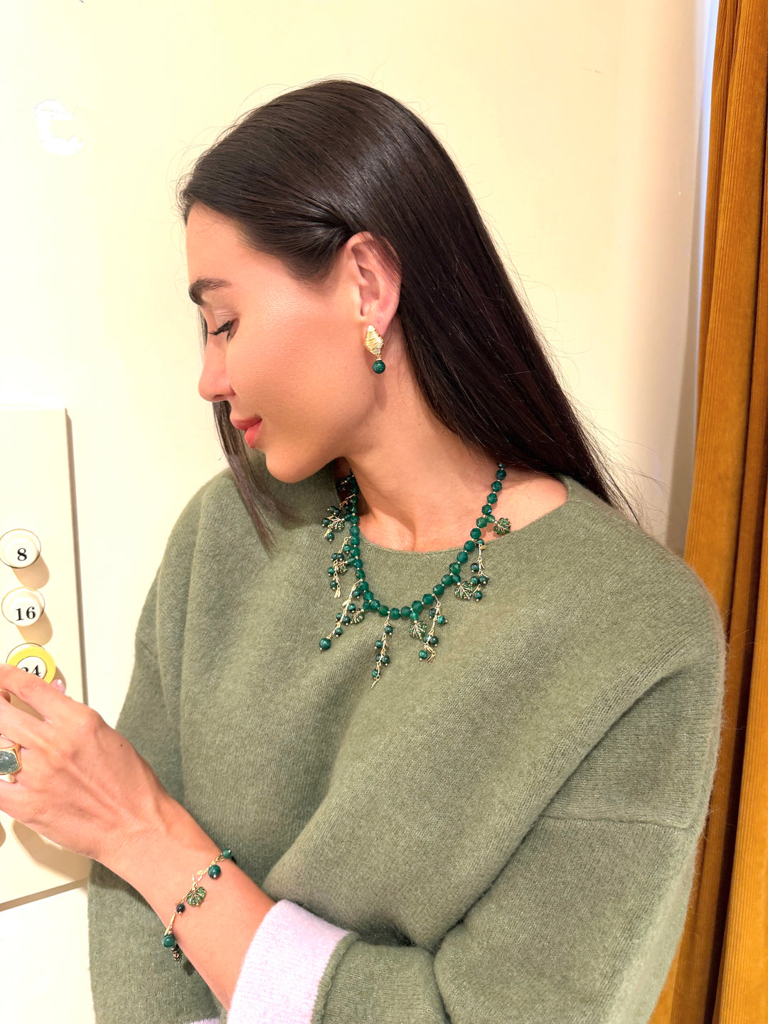 Natural Inspired Green Gemstone With Leaves Charm Tassel Necklace SN026