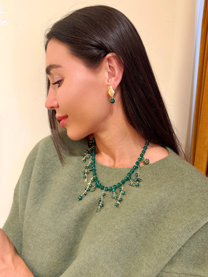 Natural Inspired Green Gemstone With Leaves Charm Tassel Necklace SN026
