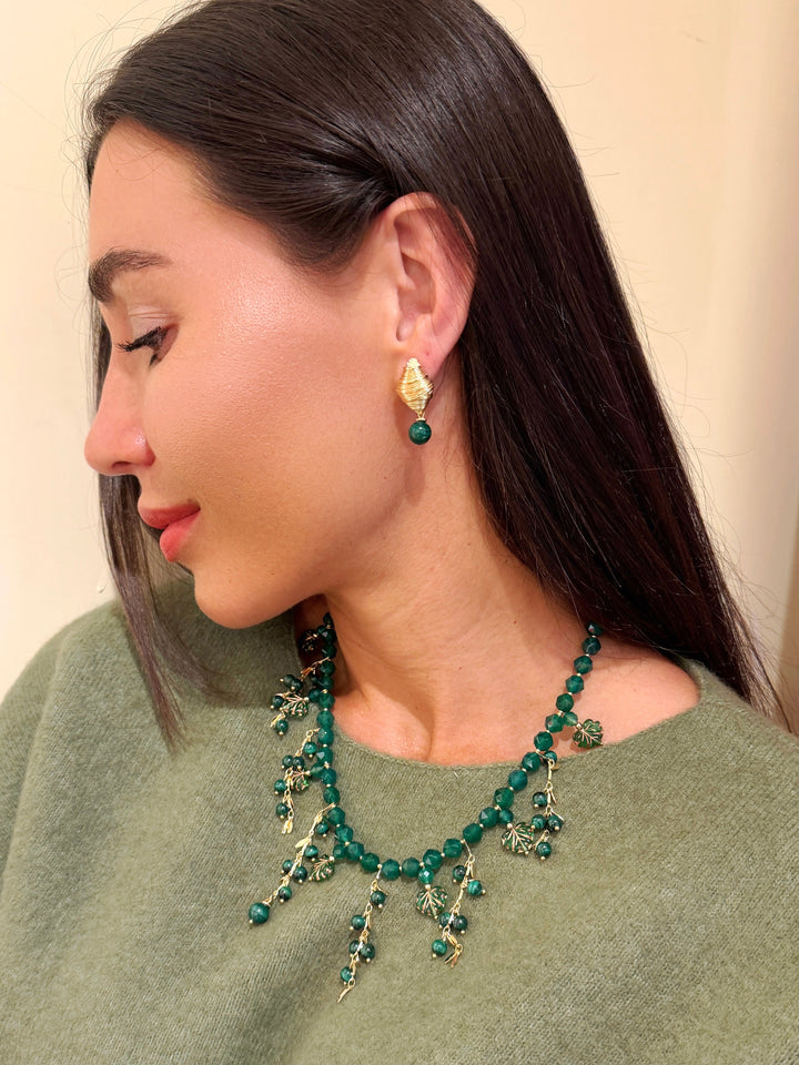 Malachite Dangle Gold Stud Earrings SE018