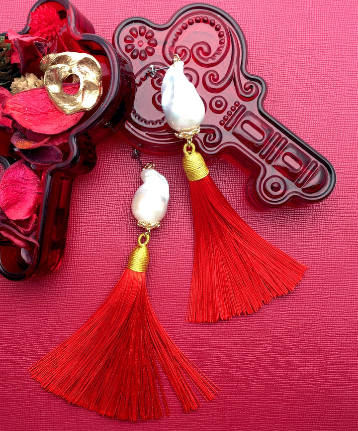 Baroque Pearl Red Tassel Earrings CE008 - FARRA