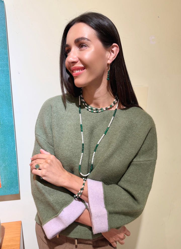 Green Gemstone And Freshwater Pearls Double Layers Necklace SN024